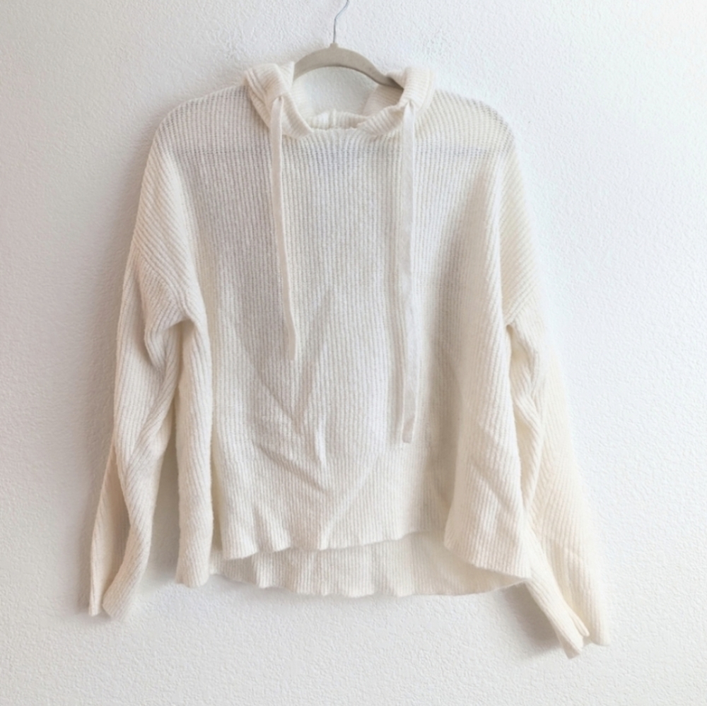 Lucky Brand Ivory Ribbed Knit Pullover Hooded Sweater Large Lagenlook Relaxed Fi